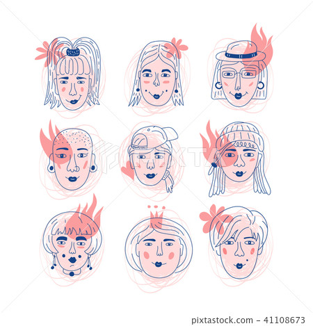 Female faces icons, Informal girls Feminism. Unique hand drawn style, Women's faces, Vector 41108673