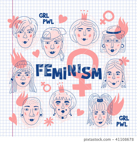 Feminism poster, Women's faces icons on a sheet of exercise book, Feminists Informal girls, Punk 41108678