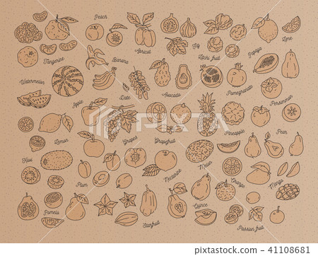 Fruit icon, Hand-drawn set of fruits on kraft paper, cardboard. Menu design template. Vector 41108681