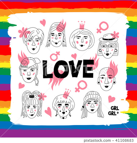 Lesbians Couple Gay people, Love lettering poster. Women's faces, Informal girls, LGBT rainbow 41108683