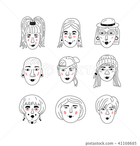 Female faces icons, Informal girls, Punk rock women Feminists. Cute Funny hand-drawn characters 41108685