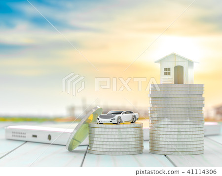 House and car model on coins stack. House and car model on coins stack. 41114306