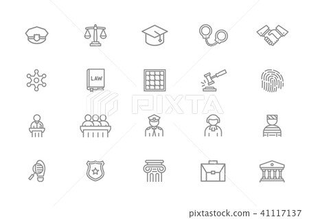Set of vector crime, law, police and justice line icons. Sheriff star badge, jury, defendant, judge Set of vector crime, law, police and justice line icons. Sheriff star badge, jury, defendant, judge 41117137