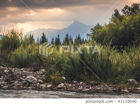 Landscape with River Bank and Mountain Peak Landscape with River Bank and Mountain Peak 41118690