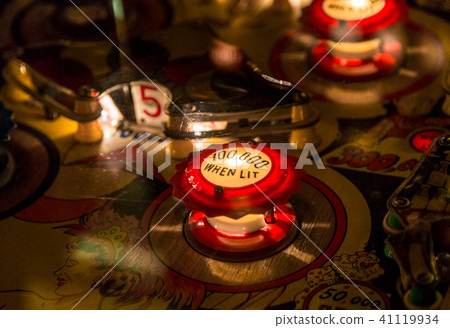 Pinball table close up view of vintage game machine 41119934