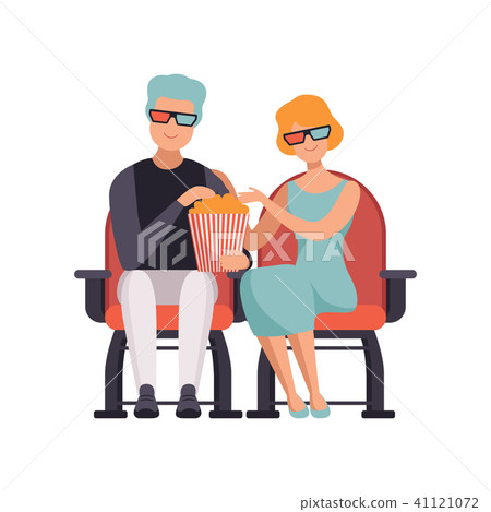 Couple watching movie in cinema theater in 3d glasses and eating popcorn vector Illustration on a 41121072