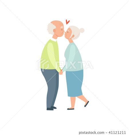 Senior man and woman kissing and holding hands, elderly romantic couple in love vector Illustration Senior man and woman kissing and holding hands, elderly romantic couple in love vector Illustration 41121211