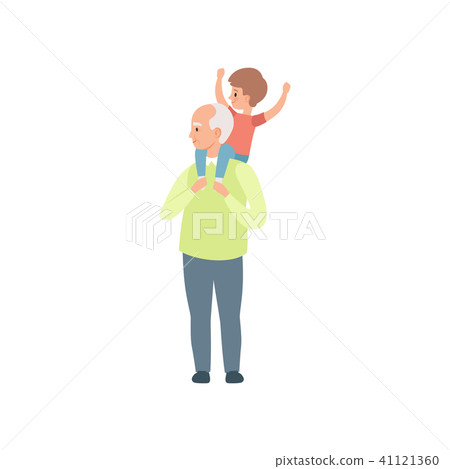 Grandpa carrying little grandson on his shoulders, grandfather spending time playing with grandson Grandpa carrying little grandson on his shoulders, grandfather spending time playing with grandson 41121360