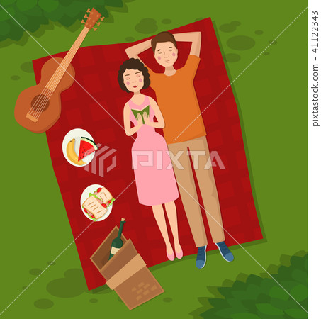 Young couple two people woman and man lie on the grass vector illustration of summer picnik top view Young couple two people woman and man lie on the grass vector illustration of summer picnik top view 41122343