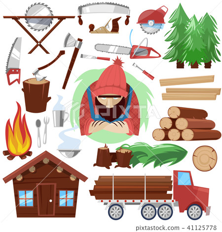 Timber vector lumberman character and logger saws lumber or hardwood set of wooden timbered 41125778