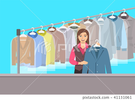 Young girl at reception of dry cleaning shop Young girl at reception of dry cleaning shop 41131061