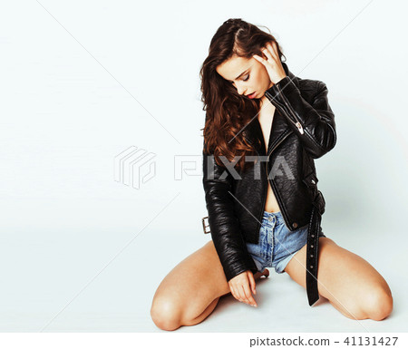 young pretty sexy woman in leather jacket, lifestyle hipster gir 41131427