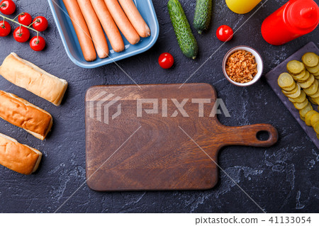 Photo on top of table with ingredients for hot dogs 41133054