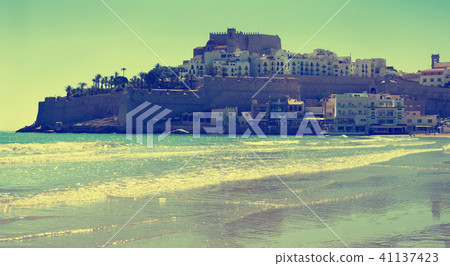 Peniscola town from sand beach. Valencia, Spain 41137423