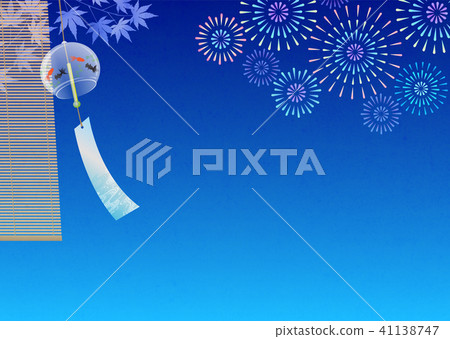 Goldfish-patterned wind chimes and green maple leaves, fireworks in the night sky 41138747