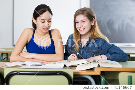 Smiling schoolgirls are learning at the desk Smiling schoolgirls are learning at the desk 41146667