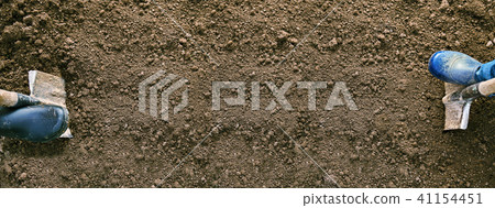 Garden work concept. Male and female feet in rubber shoes digging ground with shovels on the edges Garden work concept. Male and female feet in rubber shoes digging ground with shovels on the edges 41154451