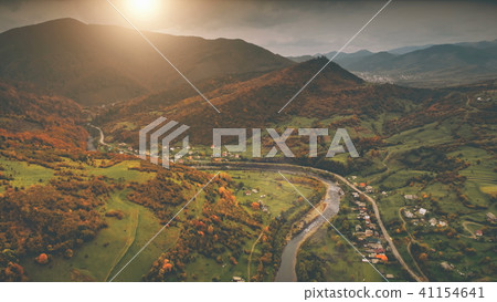 Aerial View: autumn canyon village along the river Aerial View: autumn canyon village along the river 41154641