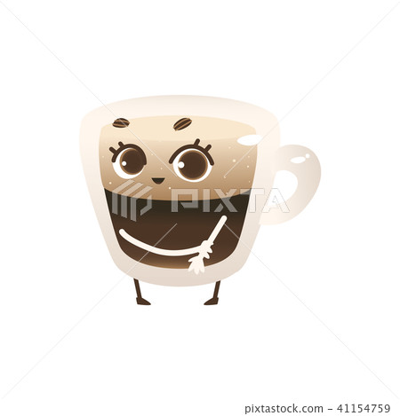 Glass cup of coffee with lush foam cartoon character standing shy isolated on white background. Glass cup of coffee with lush foam cartoon character standing shy isolated on white background. 41154759