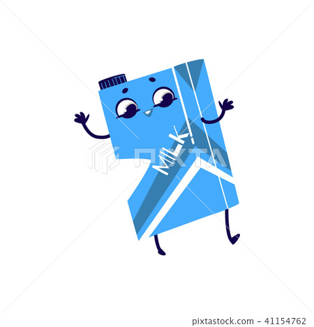 Cardboard box with milk cartoon character dancing and having fun. Cardboard box with milk cartoon character dancing and having fun. 41154762