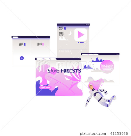 Search and analysis of information concept - girl in cosmonaut costume flies surrounded by devices 41155956