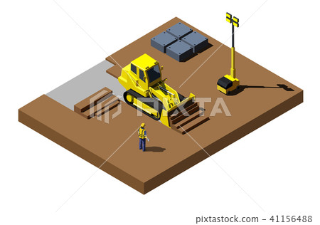 Yellow bulldozer at construction site. Modern isometric construction vehicle illustration Yellow bulldozer at construction site. Modern isometric construction vehicle illustration 41156488