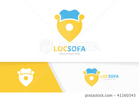 Vector sofa and map pointer logo combination. Couch and gps locator symbol or icon. Unique armchair Vector sofa and map pointer logo combination. Couch and gps locator symbol or icon. Unique armchair 41160343