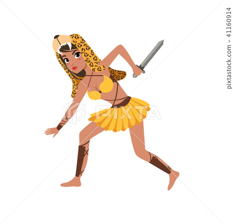 Beautiful amazon girl character wearing jaguar head headdress, ancient warrior with dagger vector Beautiful amazon girl character wearing jaguar head headdress, ancient warrior with dagger vector 41160914