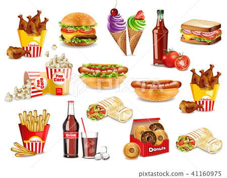 Fast food meals set collection Vector. Realistic - Stock Illustration ...