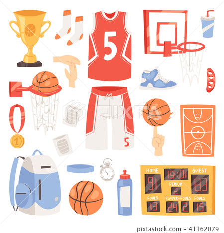 Basketball vector sportswear and ball in net hoop on basketball court illustration set of sportsman Basketball vector sportswear and ball in net hoop on basketball court illustration set of sportsman 41162079