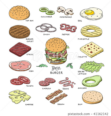 Burger vector fast food hamburger or cheeseburger constructor with ingredients meat bun tomato and 41162142