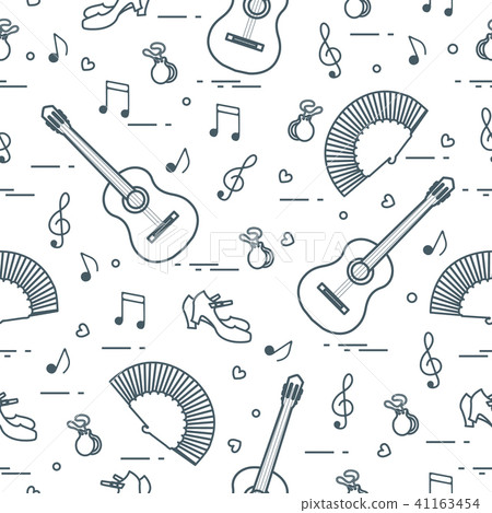 Pattern with fan, shoes, castanets, notes, guitars Pattern with fan, shoes, castanets, notes, guitars 41163454