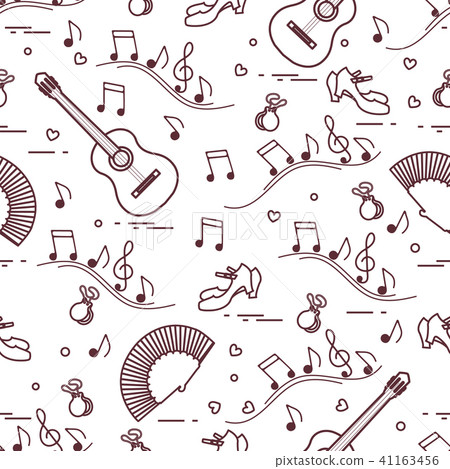 Pattern with fan, shoes, castanets, notes, guitars Pattern with fan, shoes, castanets, notes, guitars 41163456