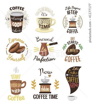 Vintage vector coffeeshop logo text labels and coffee drink love quote ribbon logo coffeebeans 41177177