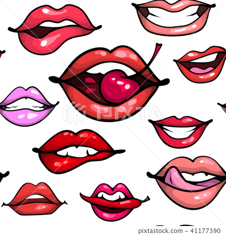 Female sexy lips seamless pattern fashion print. Mouth with cherry pepper biting, smile, tongue 41177390