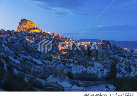 Turkey Cappadocia Utehisar's fortress seen from the valley of pigeon Night view Turkey Cappadocia Utehisar's fortress seen from the valley of pigeon Night view 41178236