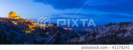 Turkey Cappadocia Utehisar's fortress seen from the valley of pigeon Night view 41178241