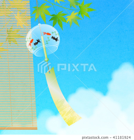 Goldfish patterned wind chimes and green leaves under the summer sky 41181924