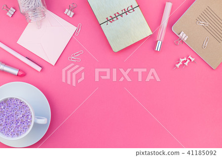 Styled pink feminine workspace flat lay Styled pink feminine workspace flat lay 41185092
