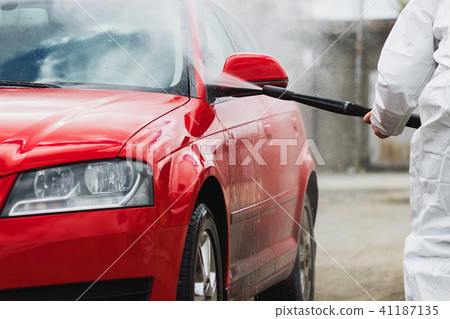Summer Car Washing. Cleaning Car Using High Pressure Water Summer Car Washing. Cleaning Car Using High Pressure Water 41187135