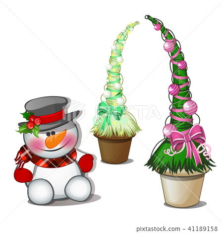 Snowman in black top hat and topiary in the form of a cone Christmas tree with balls. Sketch for Snowman in black top hat and topiary in the form of a cone Christmas tree with balls. Sketch for 41189158