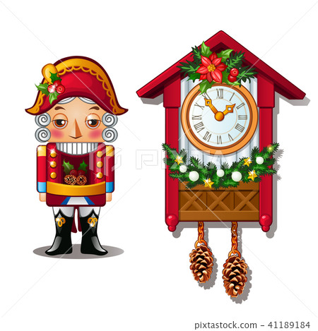 The Nutcracker and the antique cuckoo clock isolated on a white background. Vector illustration. 41189184