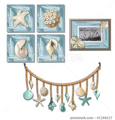 The set of murals and paintings with exotic seashells and clams and the interior elements on the 41189217