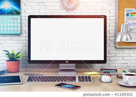 Desktop computer with blank screen in workspace Desktop computer with blank screen in workspace 41189302