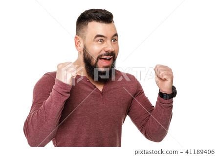 happy bearded football fan celebrating. happy bearded football fan celebrating. 41189406
