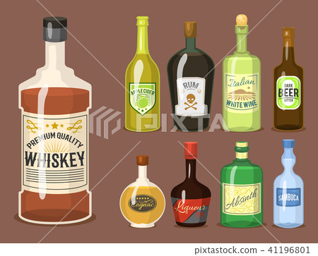 Alcohol strong drinks in bottles cartoon glasses whiskey cognac brandy wine vector illustration Alcohol strong drinks in bottles cartoon glasses whiskey cognac brandy wine vector illustration 41196801