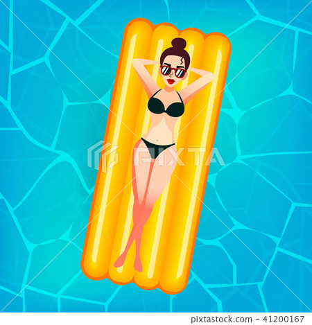 Cartoon sweet girl in sun glasses is floating on an inflatable mattress in the pool at private villa 41200167
