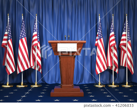 Podium speaker tribune with USA flags. Briefing 41206833