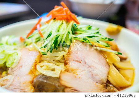 Cold ramen with plenty of toppings: char siu pork and pickled ginger Cold ramen with plenty of toppings: char siu pork and pickled ginger 41219968