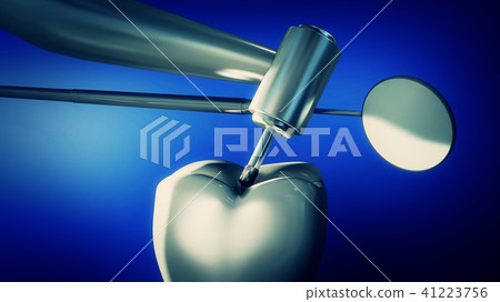 dentist's drill and mirror over a single tooth 41223756